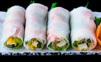 Vietnamese Pho spring roll with seafood tofu, vegetables isolated on black background for a menu photo
