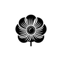 Black and white stylized floral illustration, a symmetrical anemonelike flower, with radial petals, stem, and central eye detail, set against a white background. vector