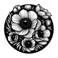 Elegant Black and White Floral Arrangement Intricate Line Art of Anemone Flowers and Buds within a Circular Frame. vector