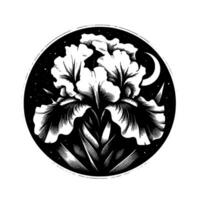 Intricate monochrome illustration of an iris flower, enclosed within a circular frame, juxtaposed with a crescent moon and starry background, suggesting a celestial botanical . vector