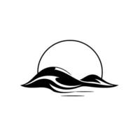 Minimalist Black and White Silhouette of Rolling Hills with Sun in the Background, Emblem Style. vector