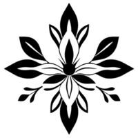 Symmetrical floral in stark black and white with layered petals and pointed leaves, creating a minimalist and elegant botanical motif. vector