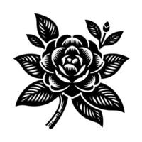 Black and white stylized floral illustration, a detailed camellia rose with intricately designed petals and leaves, on a minimalist white background. vector