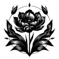 Intricate Black and White Floral Illustration with Detailed Engraving Style and Symmetrical Composition, Featuring a Central Blooming Flower and Leafy Accents Enclosed in a Geometric Circle. vector