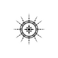 Intricate Black and White Compass Rose Featuring Geometric Patterns, Star, and Leafy Border Elements on Isolated White Background. vector