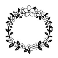 Black and White Floral Wreath with Detailed Flower and Leaf Outlines, Creating a Circular Decorative Border. vector