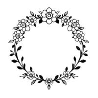 A delicate black and white floral wreath , featuring simple, symmetrical flowers and leaves in a circular arrangement against a plain white background. vector