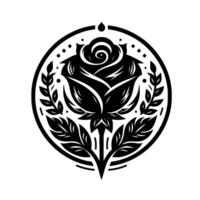 Elegant Black Rose Emblem A symmetrical, detailed floral in a circular frame with leaves, dots, and a minimalist, ornamental aesthetic on a white background. vector