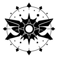 Intricate black and white emblem featuring a central starburst element with winglike shapes, encircled by a compasslike , and adorned with geometric accents. vector