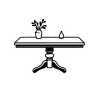 Minimalist Black and White Illustration of a Rectangular Table with Floral Vase and Decorative PearShaped Ornament, on a Blank White Background. vector