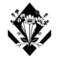 Stylized black and white floral arrangement with geometric diamond and square overlay on a white background, minimalistic art. vector