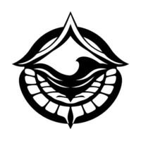 Intricate, abstract, monochrome with toothy grin, stylized wave, and arching lines, creating a symbolic, enigmatic emblem. vector