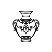 Elegant black and white illustration of a classical vase, featuring ornate floral and geometric designs, detailed handles, and a symmetrical, centered composition. vector