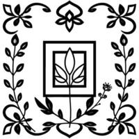Symmetrical Black and White Botanical Featuring a Central Leaf Motif within a Square Frame, Embellished with Floral and Foliage Elements. vector