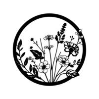 Stylized Floral Arrangement Enclosed in a Black Circular Frame, Featuring Various Botanical Elements in a Minimalist, Monochrome Aesthetic. vector