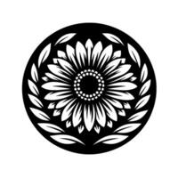 A stylized black and white mandala featuring a detailed sunflowerlike floral within a circular frame, petals and leaves symmetrically arranged. vector