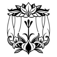 An ornate, symmetrical black and white floral crest featuring lilylike blooms, a central stylized stem, and an elegant, art nouveau . vector
