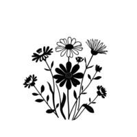 Intricate blackandwhite floral illustration featuring a diverse collection of stylized wildflowers and foliage against a clean, white background. vector