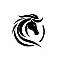 Minimalist Black Horse Head Silhouette with Flowing Mane Inside a Circular , Isolated on White. vector