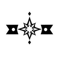 A black and white symmetrical featuring a stylized starburst, two bannerlike shapes, and a diamond, all on a white background. vector