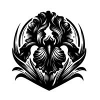 Stylized Black and White Floral Emblem Ornate Iris within a Symmetrical, Composition, Featuring Curvilinear Petals and Geometric Accents. vector