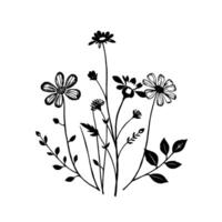 Stylized Botanical Illustration A cluster of various wildflowers and foliage rendered in a monochrome, minimalist line art . vector