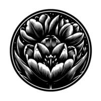 Intricate Black and White Floral Mandala with Tuliplike Petals, Enclosed in a Circular Frame, Featuring Detailed Lines and Subtle Dot Accents. vector