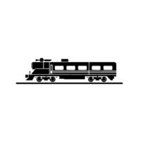 Black and white silhouette of a passenger train, side view, simplistic , on a track against a white backdrop. vector