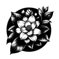 Intricate Black and White Floral Illustration A Detailed Dahlia and Leaf Arrangement Within a Black Circle, Showcasing Elegant Stippling and Line Work. vector