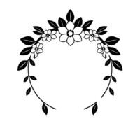 Elegant Black and White Floral Wreath with Blooming Flowers and Lush Leaves, Creating a Circular Frame on White Backdrop. vector