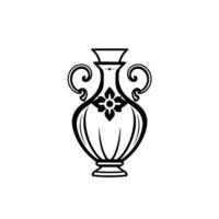 Elegant Black and White Illustrated Amphora with Floral Ornament and Scrolling Handles on a White Background. vector