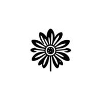 A bold, minimalist illustration of a stylized black daisy flower centered on a stark white background, simple and elegant. vector