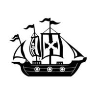 Black and White Illustration of a Pirate Ship with Cross and Skull Symbols on the Sails, Isolated on White Background vector