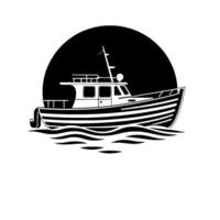 Black and white illustration of a motorboat with horizontal stripes on the hull, silhouetted against a black circular background above stylized ocean waves. vector