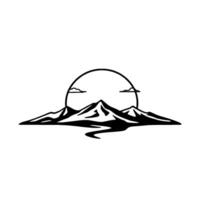 A minimalist black and white illustration of mountains, a sun, clouds, and a river in a serene, natural landscape. vector
