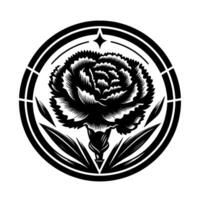Intricate Black and White Carnation Within a Circular Emblem Featuring Star Accent, Leaves, and Geometric . vector