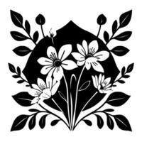 Elegant Black and White Floral Blossoms and Leaves Arranged within a Stylized Shape. vector