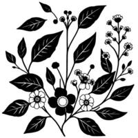 Stylized Black and White Floral Arrangement with Leaves, Berries, and Varied Bloom Types on a Clear Background. vector