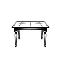 Detailed Black and White Illustration of a Classic Rectangular Dining Table with Ornate Legs and a Central Panel on a Clean White Backdrop. vector