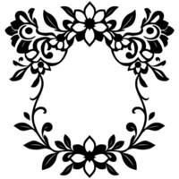 Symmetrical Black Floral Swirl Frame Decorative Elements with Flowing Vines and Bold Flower Accents, Isolated on White. vector