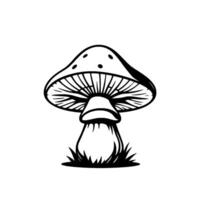 A solitary, detailed black and white line art illustration of a mushroom, depicted in a stylized with textured cap, gills, and base, with a bed of grass. vector