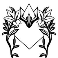 Symmetrical Black and White Floral Frame with Lily and Leaf Motifs Surrounding a Geometric Diamond vector
