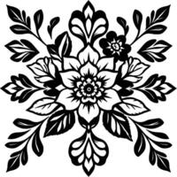 Symmetrical floral in black and white featuring a central large bloom, smaller flowers, leaves, and decorative shapes forming a radial pattern. vector