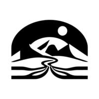 Symbolic Black and White Mountain Landscape with Crescent Moon, River, and Simplified Shapes, Illustrative Composition. vector