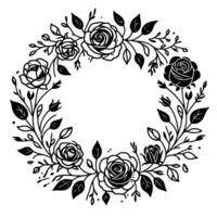 Monochromatic Botanical Wreath Elegant Circular Arrangement of Roses, Buds, and Leaves in a Simplified, Line Art Style with White Background. vector