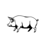 A stylized, sideprofile black and white illustration of a plump pig with a curled tail, set against a clean white background. vector