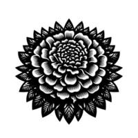 Intricate Black and White Papercut Flower A symmetrical botanical illustration with layered petals and pointed leaves, set against a clean, white background. vector