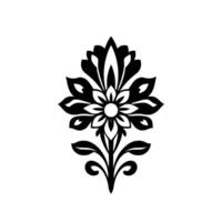 Intricate Black Floral Pattern symmetrical featuring leaves, petals, and a central circular element, set against a white backdrop. vector