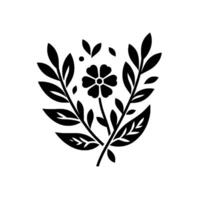 Simple and elegant black and white floral illustration featuring a centered, stylized flower surrounded by symmetrical leaves and branches against a clean white backdrop. vector
