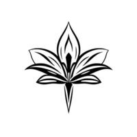 Symmetrical black and white stylized flower , featuring sharp lines, geometric petals, a central bud, and minimalist aesthetic against a plain white backdrop. vector